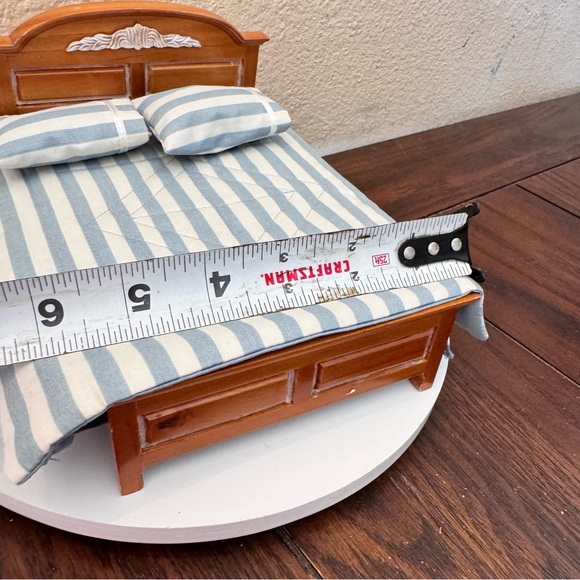 Vintage dollhouse furniture wood bed frame bed blue and white stripe bedding - Picture 8 of 8